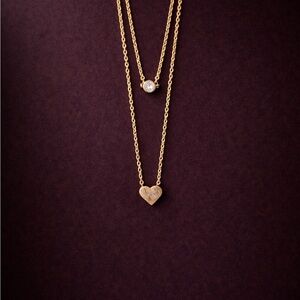 Gold Layered Heart & Solitaire Necklace - Women Jewelry